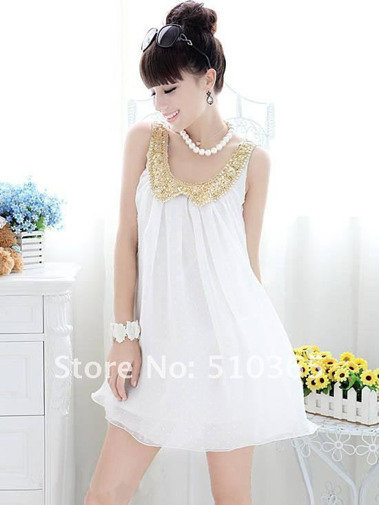 Summer pleated chiffon white casual women's dress $7.89